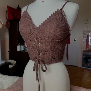 Lace Up Crochet Bralette Top in Dusty Mauve🤎